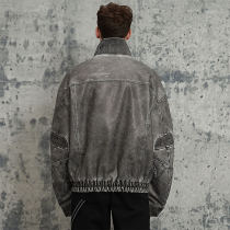 Custom Standing Collar Washed Faded Vintage Leather Jacket | Washing Fading & 3D Convex Embroider