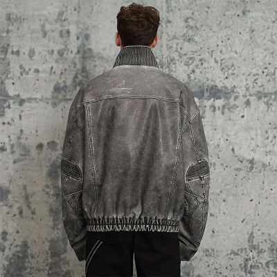 Custom Standing Collar Washed Faded Vintage Leather Jacket | Washing Fading & 3D Convex Embroider