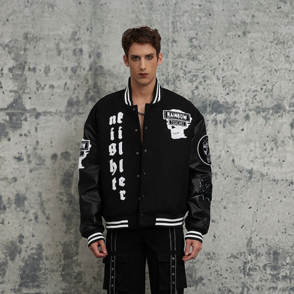 ORI240512 Dark Skull Letter Black & White Baseball Jacket | Dark Street Style | Streetwear Jacket Manufacturer