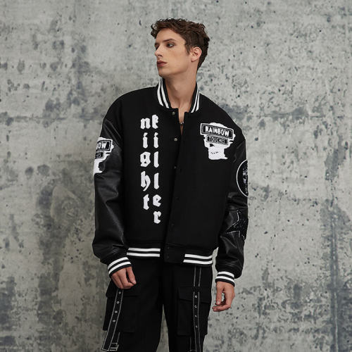 ORI240512 Dark Skull Letter Schwarz-Weiß-Baseballjacke | Dunkler Streetstyle | Hersteller von Streetwear-Jacken