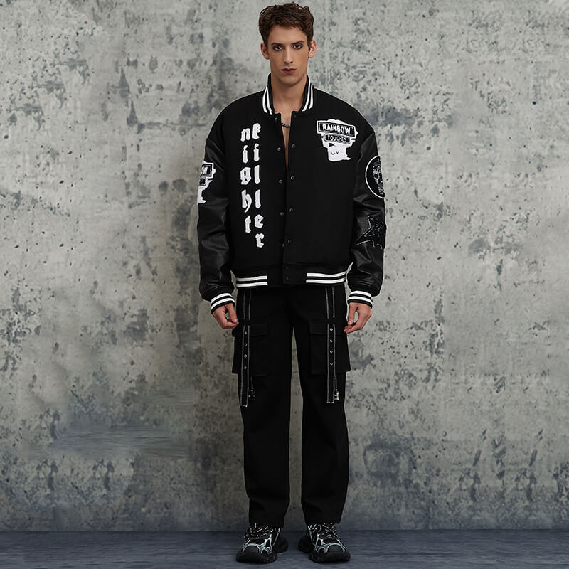 Dark Skull Letter Black & White Baseball Jacket