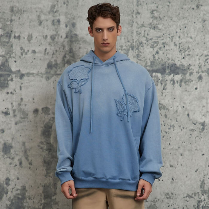 Vintage Street Style Design Washed Embroidered Hoodie | Acid Washed & Appliquéd Embroidery