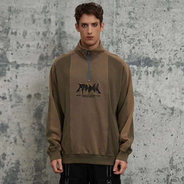 ORI240404 Washed and Faded Waffle Patchwork Stand Collar Sweatshirt | Vintage Street Style | Streetwear Sweatshirt Manufacturer