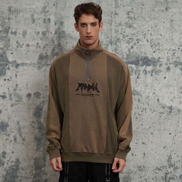 ORI240404 Washed and Faded Waffle Patchwork Stand Collar Sweatshirt | Vintage Street Style | Streetwear Sweatshirt Manufacturer