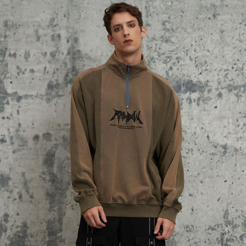 ORI240404 Sweatshirt mit Stehkragen und verwaschenem Waffelmuster im Patchwork-Stil | Vintage-Streetstyle | Hersteller von Streetwear-Sweatshirts