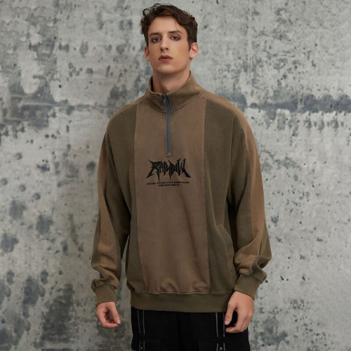 ORI240404 Sweatshirt mit Stehkragen und verwaschenem Waffelmuster im Patchwork-Stil | Vintage-Streetstyle | Hersteller von Streetwear-Sweatshirts