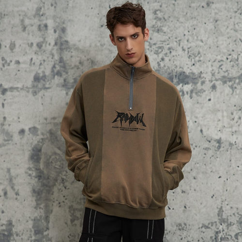 ORI240404 Sweatshirt mit Stehkragen und verwaschenem Waffelmuster im Patchwork-Stil | Vintage-Streetstyle | Hersteller von Streetwear-Sweatshirts