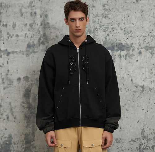 Sudaderas con cremallera y bordado personalizado | Sudadera con logo personalizado | Lavadas, con parche aplicado y remaches | OEM/ODM