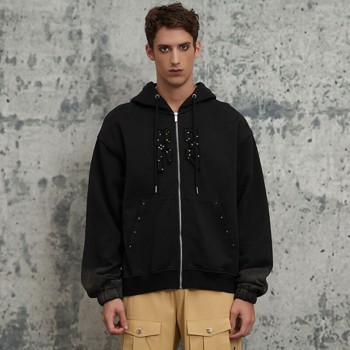 Custom Embroidered Zip-Up Hoodies | Custom Logo Hoodie | Washed, Applique Patch, Rivets | OEM/ODM