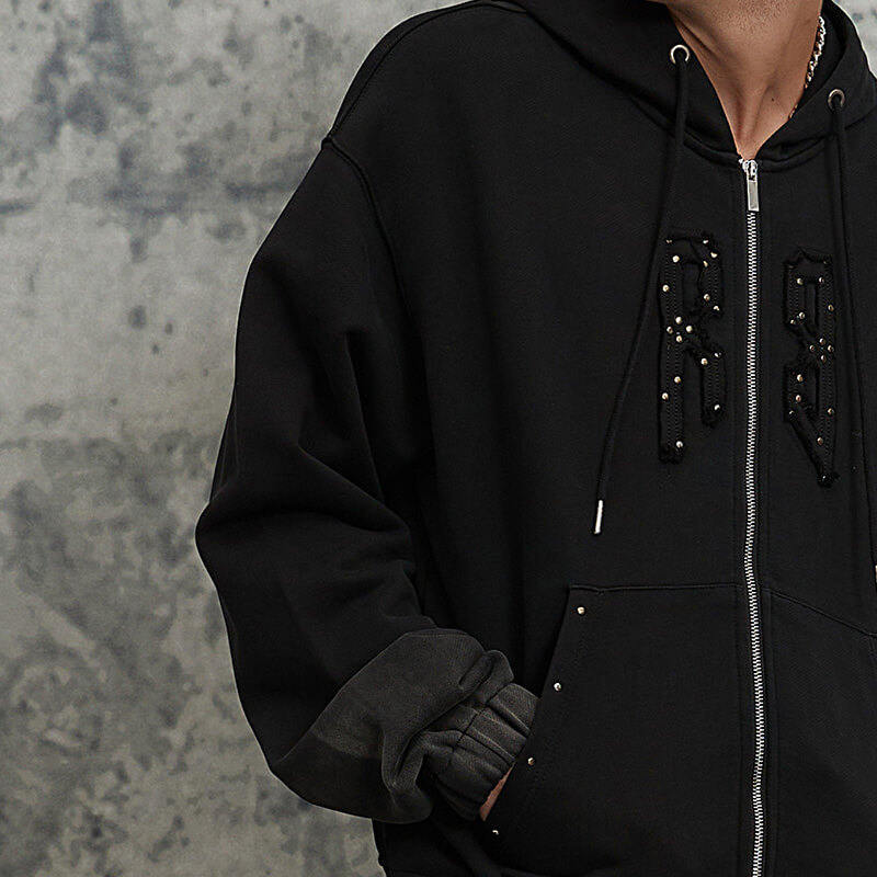 ORI240405 Rivets Washed Gradient Embroidery Zip-Up Hoodies