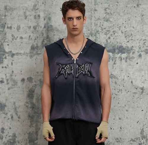 Sudadera vintage original sin mangas con cremallera y efecto lavado | Secada al sol y con bordado aplicado