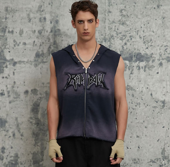 Vintage Original Design Washed Sleeveless Zip-Up Hoodie | Sun Dried & Appliquéd Embroidery