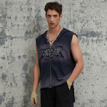 Vintage Original Design Washed Sleeveless Zip-Up Hoodie | Sun Dried & Appliquéd Embroidery