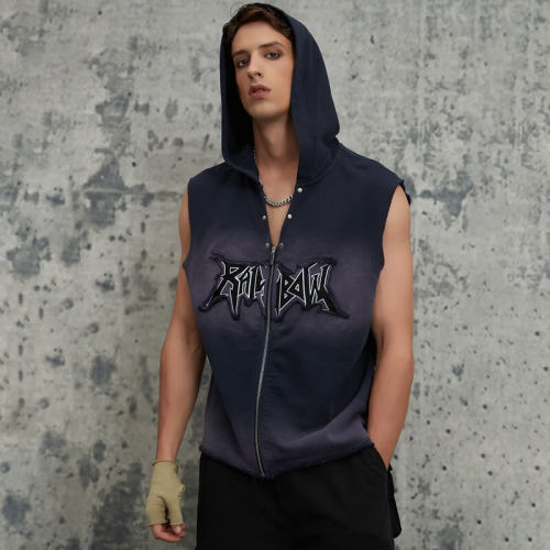 ORI240421 Patch Embroidery Letter Print Zip Sweatshirt Vintage Washed Sleeveless Zip-Up Hoodie | Vintage Street Style | Streetwear Hoodies Manufacturer