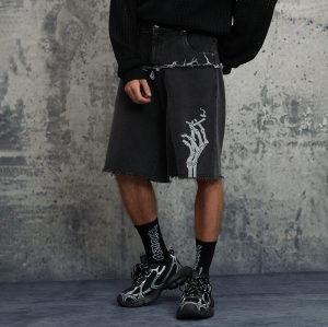 ORI240307 Denim Patchwork Sweatshirt Stoff Wash Shorts | Dunkler Streetstyle | Streetwear Shorts Hersteller