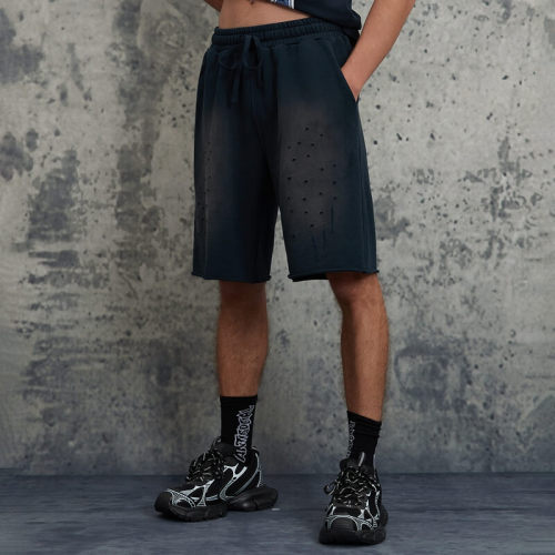 ORI240713 Spray Horse Shorts with Old Tattered Hole | Vintage Street Style | Streetwear Shorts Manufacturer