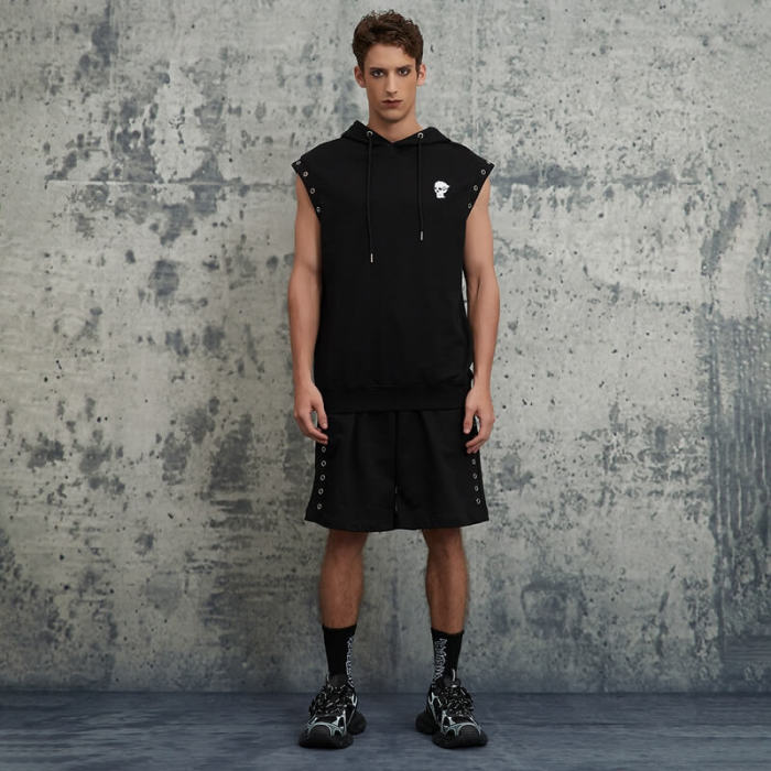 Original Design Embroidered Print Sleeveless Hoodie Set | Embroidery & Appliqué Patch & Rivets