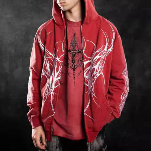 CUS241112WY Dark Streetwear Embroidered Printed Gothic Zip-Up Hoodie | Dark Street Style | Streetwear Hoodies Manufacturer