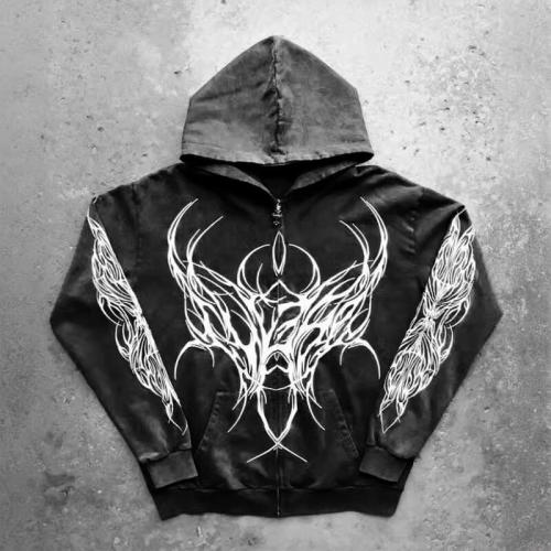 CUS241112WY Dark Streetwear Embroidered Printed Gothic Zip-Up Hoodie | Dark Street Style | Streetwear Hoodies Manufacturer