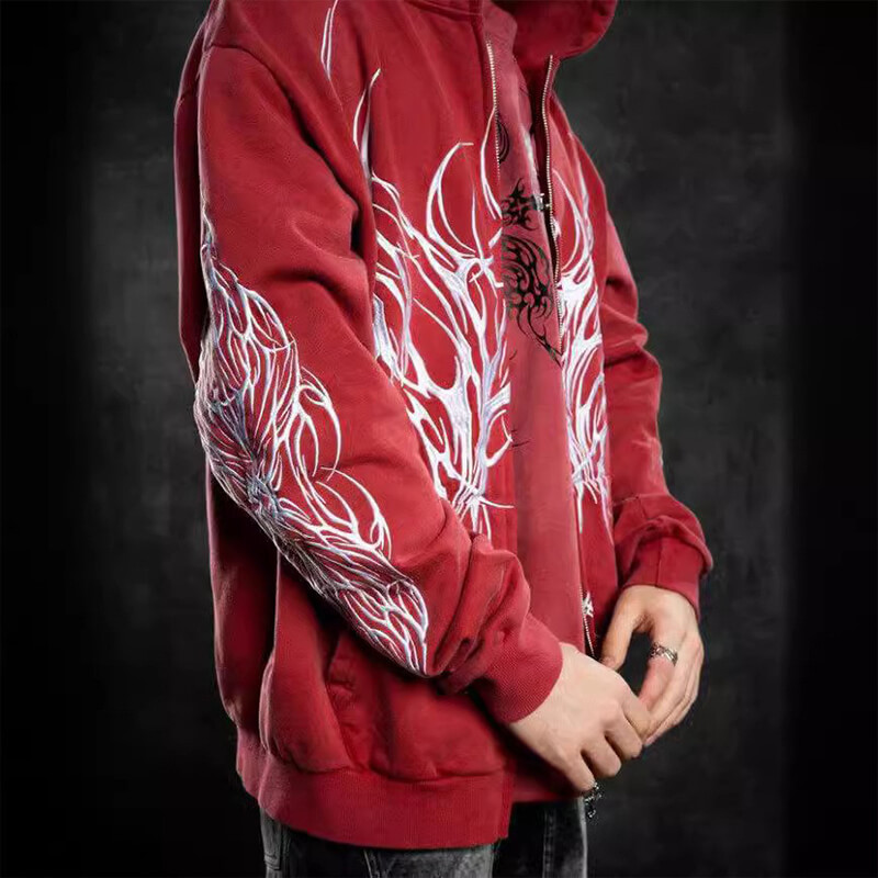 CUS241112WY Dark Streetwear Embroidered Printed Gothic Zip-Up Hoodie