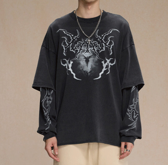 CUS2412058867 Fall Vintage Washed Layered Long Sleeve T-Shirt | Dark Street Style | Streetwear T-shirts Manufacturer