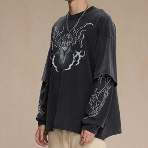 CUS2412058867 Fall Vintage Washed Layered Long Sleeve T-Shirt | Dark Street Style | Streetwear T-shirts Manufacturer