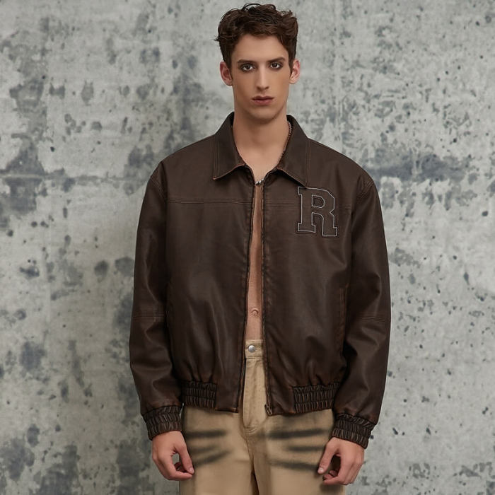 Custom Vintage Washed Monogrammed Leather Jacket | Washed & Patch Embroidery | Leather Fabric