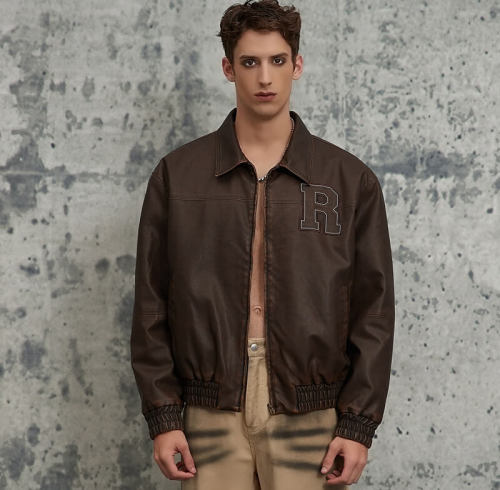 Custom Vintage Washed Monogrammed Leather Jacket | Washed & Patch Embroidery | Leather Fabric