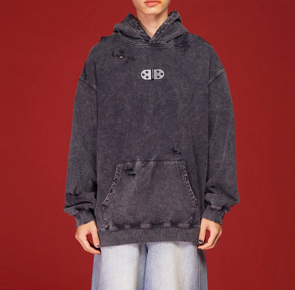 Personalized Retro Design Torn Hole Slouchy Loose Washed Hoodie | Vintage Street Style | Streetwear Hoodies Manufacturer