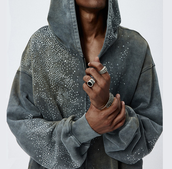 OEM Custom Rhinestone Printed Vintage Washed Hoodie | Vintage Street Style | Streetwear Hoodies Manufacturer