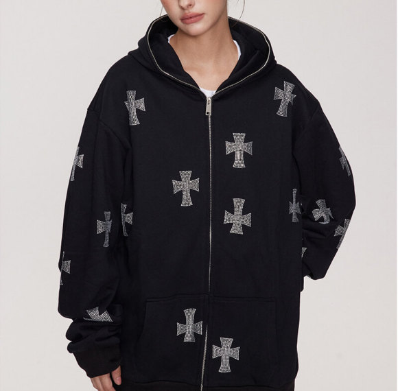 OEM Custom Rhinestone Cross Dark Street Zip-Up Hoodie | Dark Street Style | Streetwear Hoodies Manufacturer