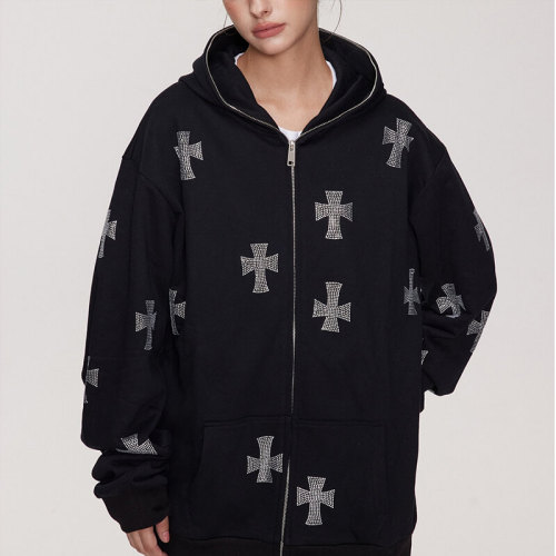 OEM Custom Rhinestone Cross Dark Street Zip-Up Hoodie | Dark Street Style | Streetwear Hoodies Manufacturer