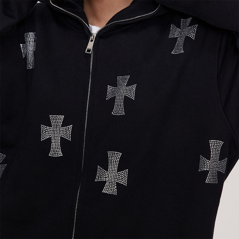 OEM Custom Rhinestone Cross Dark Street Zip-Up Hoodie