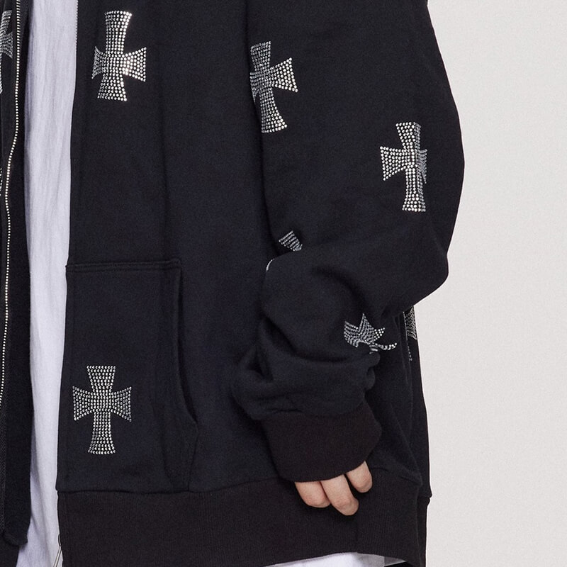 OEM Custom Rhinestone Cross Dark Street Zip-Up Hoodie