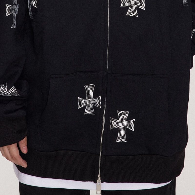 OEM Custom Rhinestone Cross Dark Street Zip-Up Hoodie