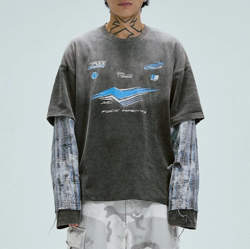 OEM Custom Vintage Checkered Patchwork Long Sleeve T-Shirt | Vintage Street Style | Vintage T-Shirts Manufacturer