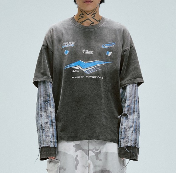 OEM Custom Vintage Checkered Patchwork Long Sleeve T-Shirt | Vintage Street Style | Vintage T-Shirts Manufacturer