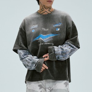 OEM Custom Vintage Checkered Patchwork Long Sleeve T-Shirt | Vintage Street Style | Vintage T-Shirts Manufacturer