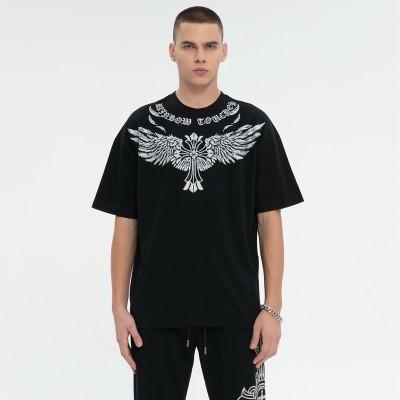 ORI230803 Kurzarm-T-Shirt mit Kreuzflügeln und Strass-Muster | Dark Street Style | Dark Street T-Shirts Hersteller