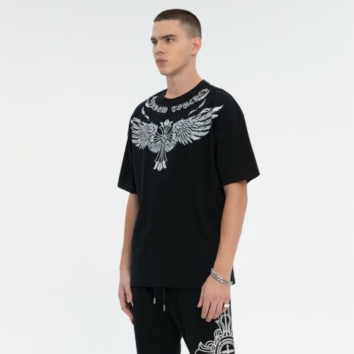 ORI230803 Kurzarm-T-Shirt mit Kreuzflügeln und Strass-Muster | Dark Street Style | Dark Street T-Shirts Hersteller