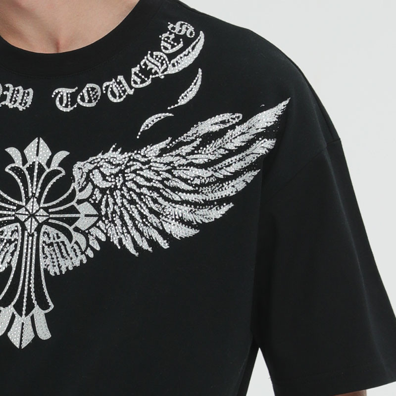 ORI230803 Cross Wings Rhinestone Pattern Short Sleeve T-Shirt