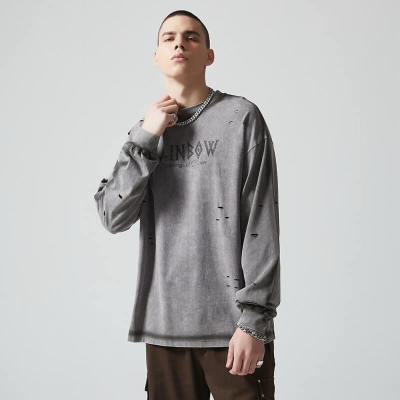 Custom Vintage Street Washed Long Sleeve T-Shirt | Acid Washed & Spray Color & DTG | 100% Cotton