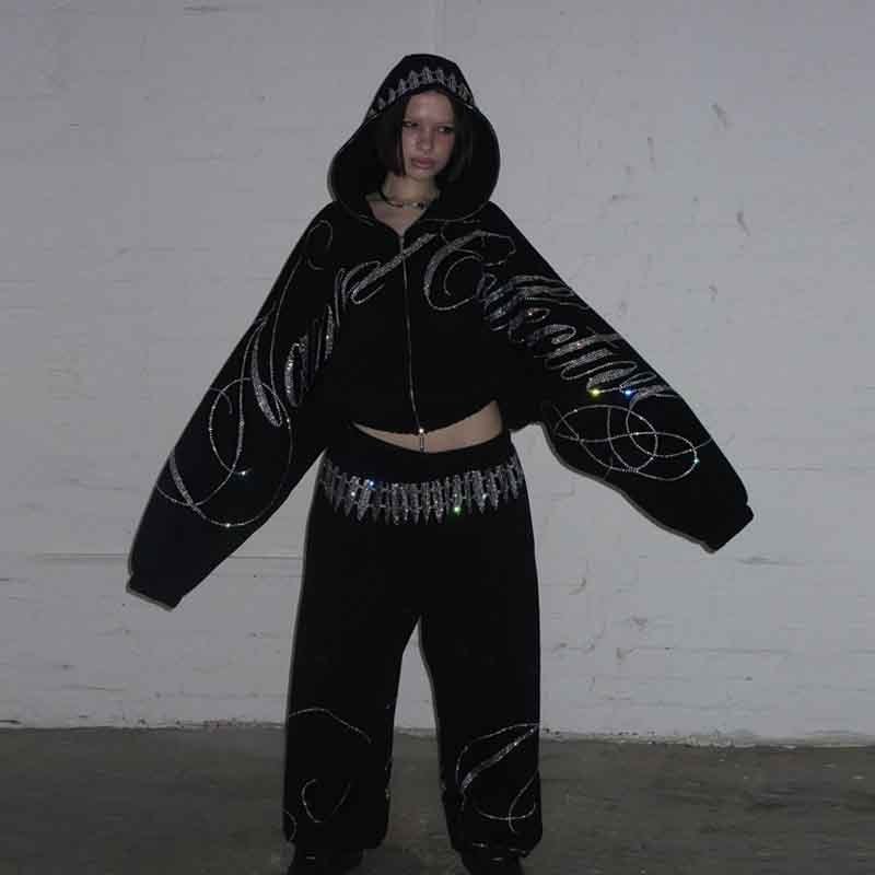 Custom Dark Gothic Y2K Rhinestone Crop Zip Hoodie Sets