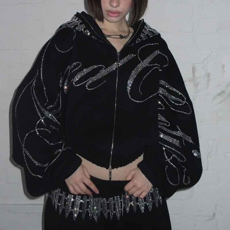 Custom Dark Gothic Y2K Rhinestone Crop Zip Hoodie Sets