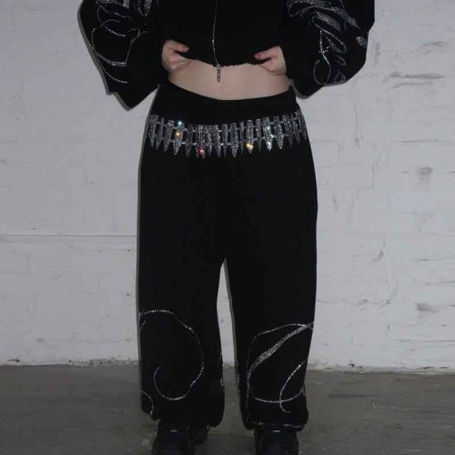 Custom Dark Gothic Y2K Rhinestone Crop Zip Hoodie Sets | Dark Street Style | Support OEM/ODM