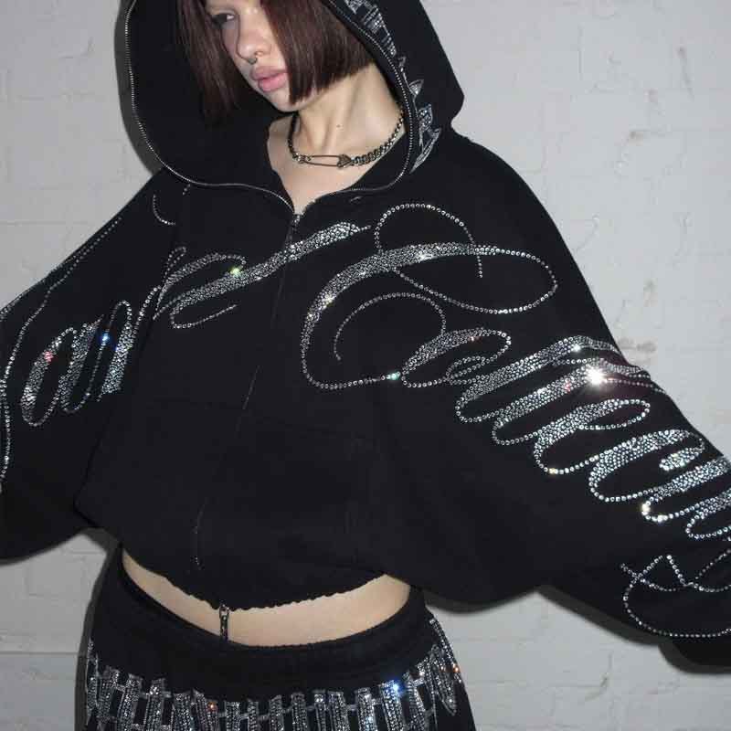 Custom Dark Gothic Y2K Rhinestone Crop Zip Hoodie Sets