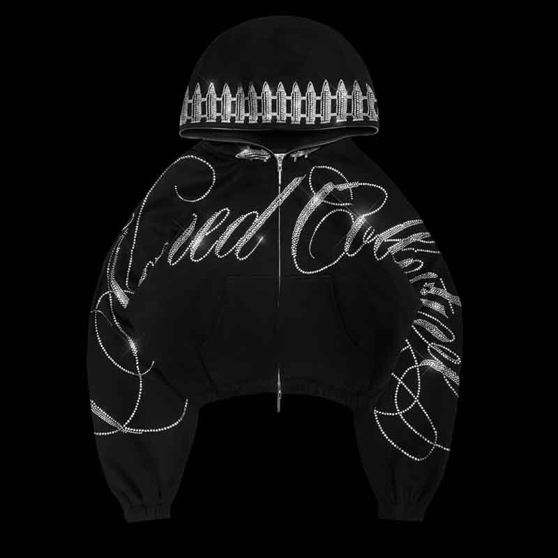 Custom Dark Gothic Y2K Rhinestone Crop Zip Hoodie Sets