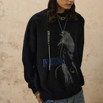 OEM Custom Vintage Pattern Print Irregular Knit Sweater | Dark Street Style | Support OEM/ODM