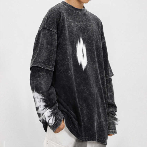 CUS2412H155 Vintage Washed False Two Piece Long Sleeve T-Shirt | Dark Street Style | Support OEM/ODM