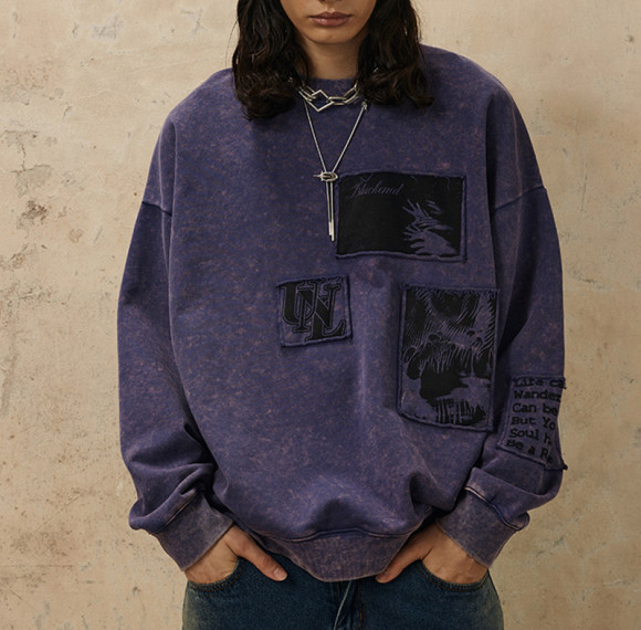 CUS2412H119 Dark Style Applique Washed Retro Long Sleeve Sweatshirt | Dark Street Style | Streetwear Sweatshirt Manufacturer